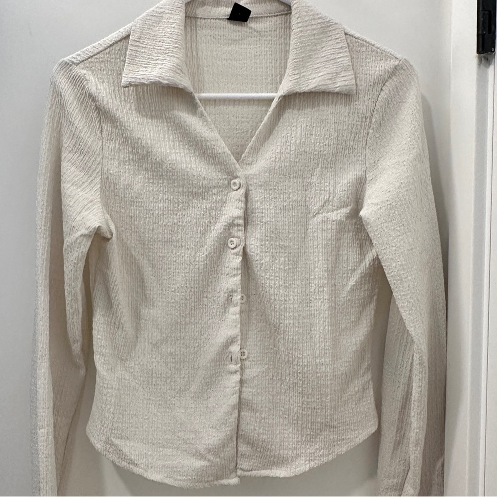 SHEIN Cream Textured Button-Down Shirt
